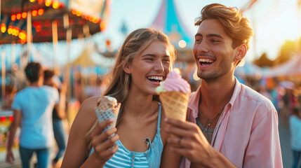 Joyful Young Pair Indulging in Ice Cream Happiness