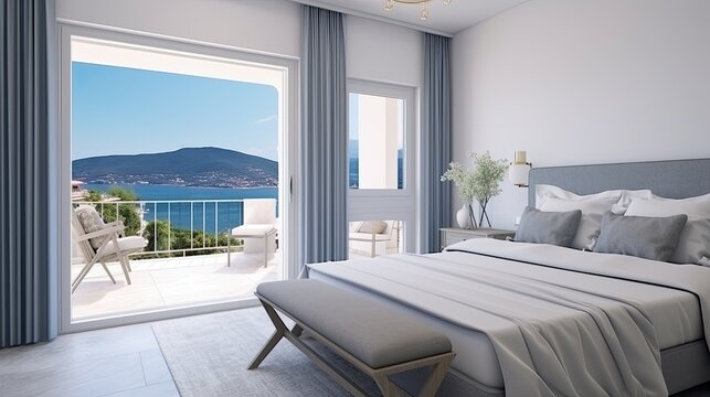 Bright bedroom in a minimalist Mediterranean style. Step into this sunlit Mediterranean bedroom and be transported to a coastal paradise. Serenity at its finest.