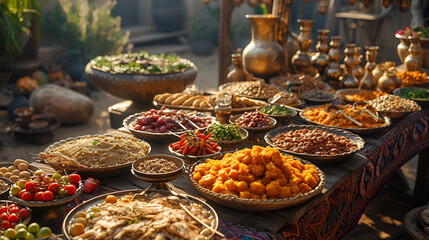 Ramadan iftar table with lots of food Arabic style