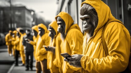 Obraz premium A group of monkeys in yellow suits stands on the street busy and holding in their hands mobile phones,monochrome photo.