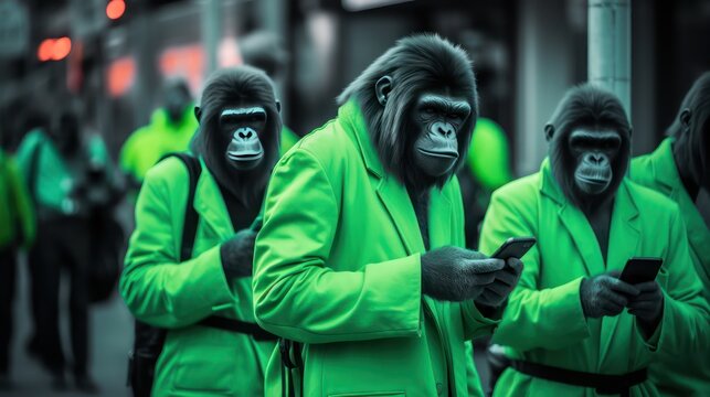 Monochrome green photo capturing apes with mobile devices in a city street.Global Impact concept.