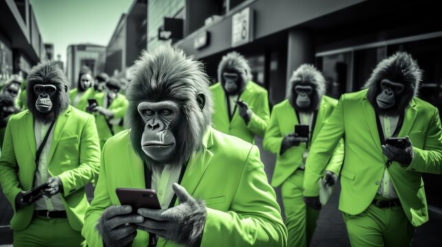 Monochrome green photo capturing apes with mobile devices in a city street.Virtual Connections concept.Communication Everywhere concept.
