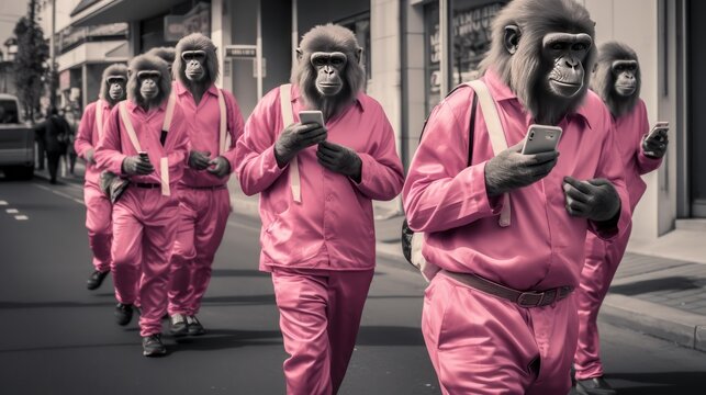 Monochrome pink photo capturing apes with mobile devices in a city street.Virtual Connections concept.Communication Everywhere concept.