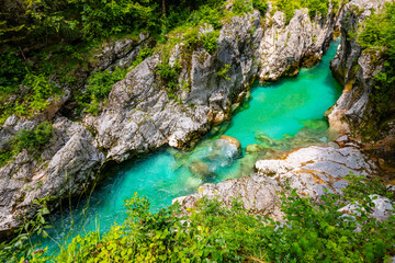 Soča or Isonzo River called Emerald River in Slovenia is a wild alpine river with crystal clear water and typical turquoise green color with many rapids, waterfalls and cascades in a romantic canyon - obrazy, fototapety, plakaty