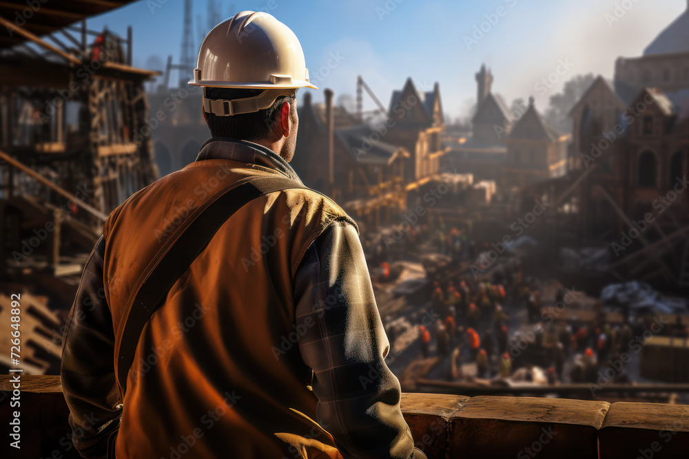 Poster a construction worker overseeing a building project, emphasizing the dedication and hard work involv
