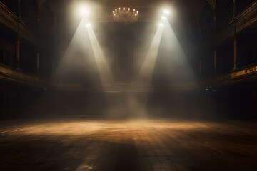 An empty stage with illuminated bright spotlights and a smoke effect , There is empty space in the stage background for copy space and text
 - Powered by Adobe