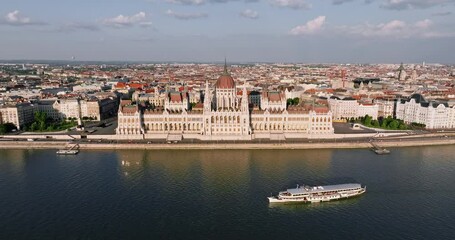 Residence of Hungarian Parliament, Budapest aerial view  from opposite bank of Danube River backdrop of sunset on sunny day in summer. National building symbol view from other bank. Travel. Tourism