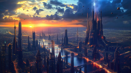 Future city 3D scene. Futuristic cityscape illustration with fantastic skyscrapers, towers, tall buildings, flying vehicles. Generative Ai. - obrazy, fototapety, plakaty