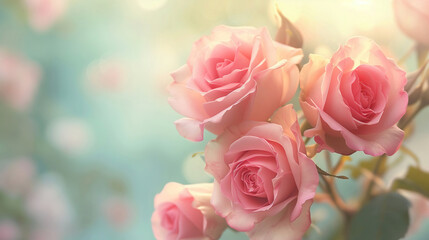 Pink roses background, many light pink flowers on a blurred background.