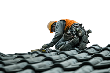 Construction worker working on top roof isolated on transparent white background.