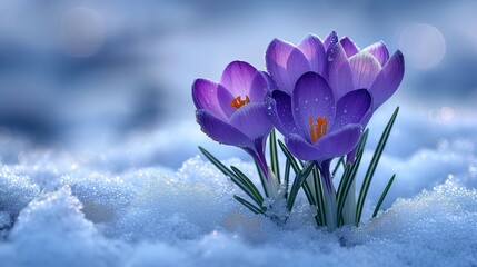 A cluster of purple crocuses stands resilient against a snowy backdrop, their vivid hues a stark...