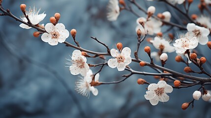 Delicate white flowers bloom on stark branches, early buds bursting into life against a soft, muted background - obrazy, fototapety, plakaty