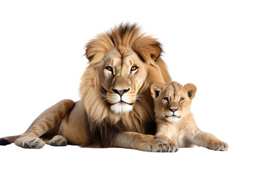 Obraz premium love of a lion hunter and cub isolated on white transparent background.