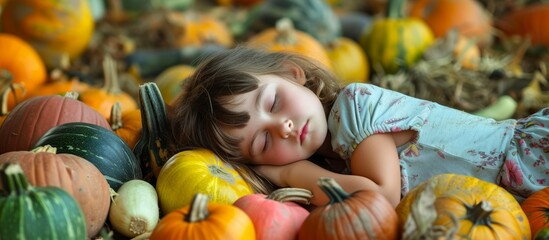 Fototapeta na wymiar A young girl rests amidst a colorful pile of fall vegetables at a pumpkin patch.