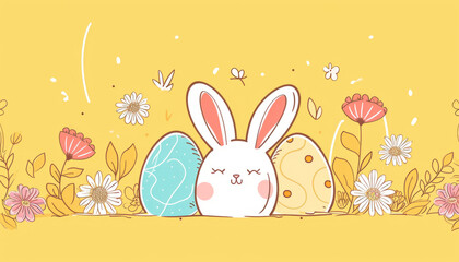 cute Easter Eggs with Easter Ears and Flowers - Creative, Minimalist yellow background, anime, cartoon