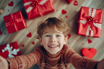 Obraz na płótnie Canvas Pure Delight: Kid Rejoices in Valentine's Day Gift