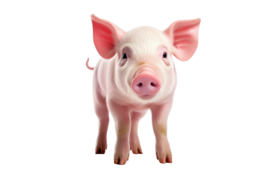 Funny, cute, little pink pig isolated on white transparent background.