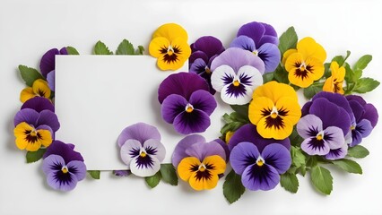 pansies on a white background of a postcard with a place for text. for greeting cards