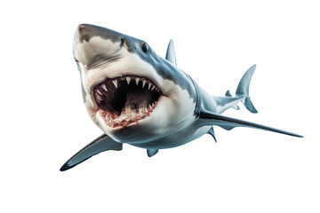 ocean shark from below. Opening a dangerous mouth with many teeth isolated on white transparent...