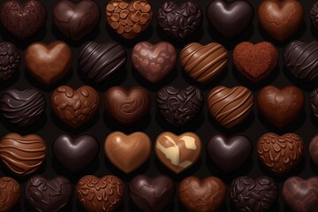 An elegant array of heart-shaped chocolate truffles in various shades and designs, meticulously organized on a black surface, perfect for a sweet celebration.