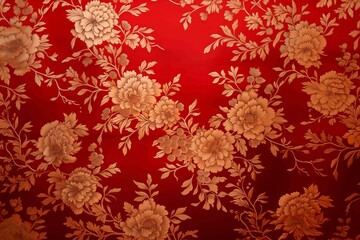 Warm red and gold floral pattern with shaded blooms and leaves, creating a vibrant, decorative design