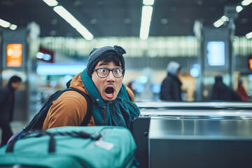 Fototapeta na wymiar Baggage Mishap: The Fearful Face of Lost Possessions