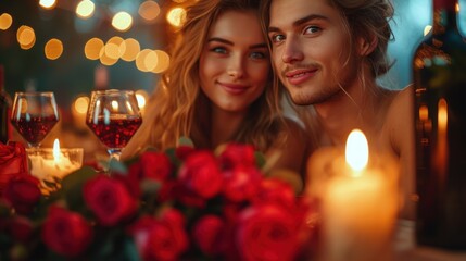 Obraz na płótnie Canvas a man and a woman sitting next to each other in front of a table with roses and wine glasses on it, with candles in front of them, and lights behind them.