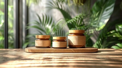  three jars sitting on top of a wooden table next to a green leafy background and a wooden tray with three jars on top of the same size as well.