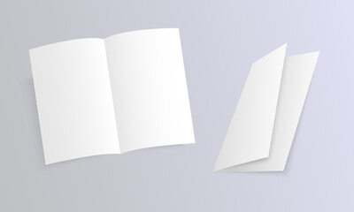 Realistic empty books on a white background. Open and closed page of brochure, notepad, magazine, booklet, cover. 3D mockup template for your design. Blank white sheets of paper. Vector