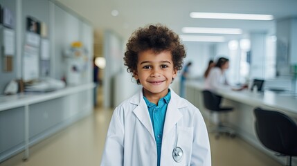 A cheerful boy in a hospital room dressed in a doctor's attire