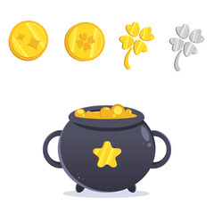 color vector illustration with a set of various coins and gold and silver elements in the form of clover, a cauldron with liquid gold