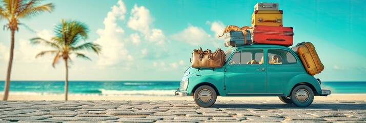 Car full of suitcases and bags to go on summer vacation - obrazy, fototapety, plakaty