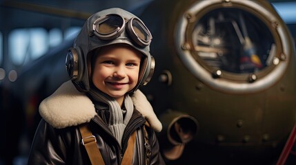 A smiling boy dressed in a pilot's uniform stands beside an aircraft
