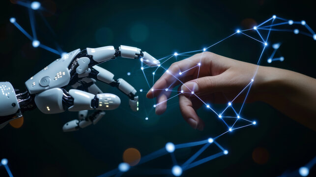 Futuristic artificial intelligent technology concept. Human use artificial intelligent AI robot technology help improve work process big data analysis problem solving business planning.