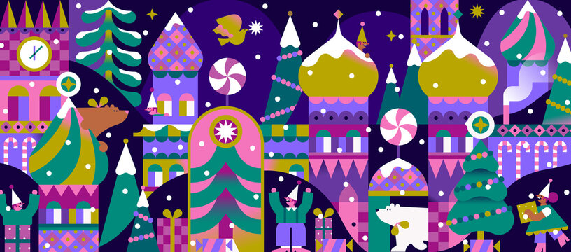 Happy holidays banner, village, snowflakes, gifts, christmas tree, bear and elfes