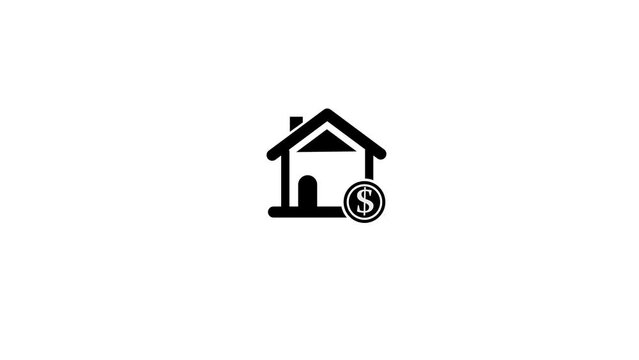 Animated black and white icon of a house with a dollar sign, symbolizing real estate investment.
