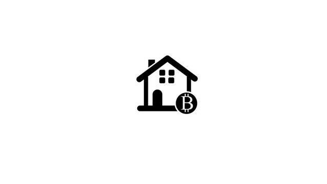 Animated black and white icon of a house with a Yen sign, symbolizing real estate investment.