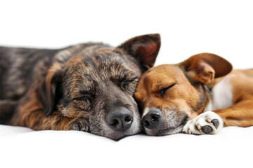 Two peaceful dogs sleeping nose to nose., isolated on white 