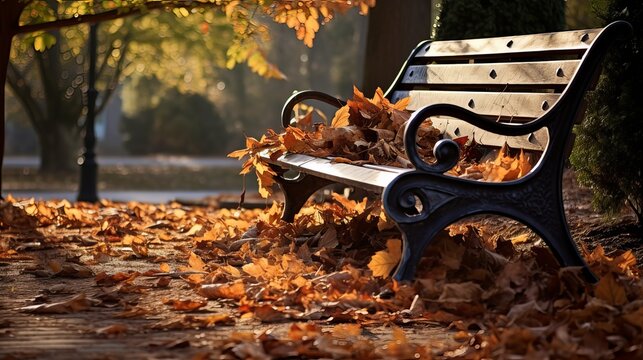 A bench in a park Autumn season. Leaves falling on bench and the ground. Beautiful Nature scene. Peaceful calm envirement dipicting sadness.