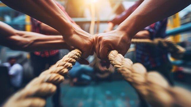 Team rope diverse strength connect partnership together teamwork unity communicate support. Strong diverse network rope team concept integrate braid color background cooperation power. Generative AI