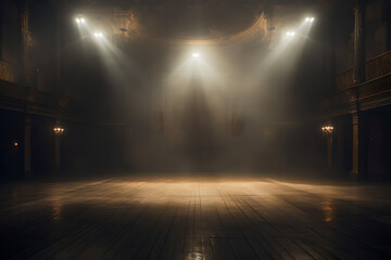 An empty stage with illuminated bright spotlights and a smoke effect , There is empty space in the stage background for copy space and text
 - Powered by Adobe