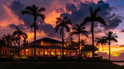 Fototapeta na wymiar Luxurious villa surrounded by palm trees. Warm shades of sunset.