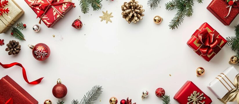 Top view arrangement of gift items, along with red and gold decorations on a white background - perfect for Christmas compositions. Ample space left for adding text.