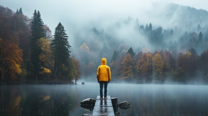 The misty mountain ambiance, a young man in a vibrant yellow jacket stands on a footbridge overlooking a serene lake.  - obrazy, fototapety, plakaty