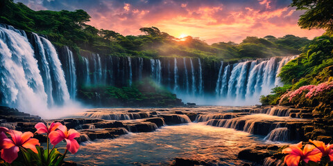 Fantasy landscape with waterfalls, panorama. Generative AI - 726653639