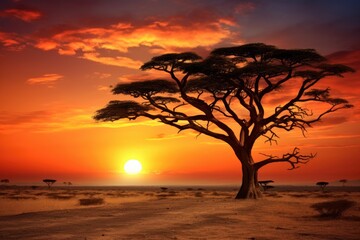 African savannah landscape with acacia trees and birds at sunset, Sunset in the savannah of Africa with acacia trees, Safari in Serengeti, Tanzania, AI Generated