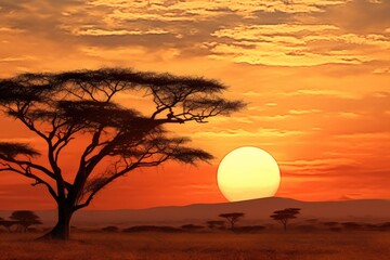 Sunset in the savannah with acacia trees - African landscape, Sunset in the savannah of Africa with...