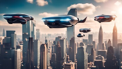 A bustling city skyline filled with sleek flying cars