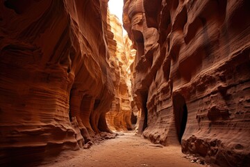 A breathtaking view of a narrow slot carved through the side of a magnificent canyon, forming a stunning pathway between towering rock walls, The Siq in Petra, Jordan, AI Generated