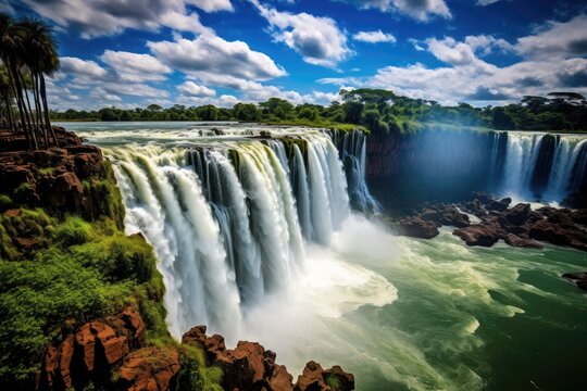 A stunning photograph showcasing a grand waterfall situated in the midst of a large body of water, The Iguazu Waterfalls in Brazil, AI Generated